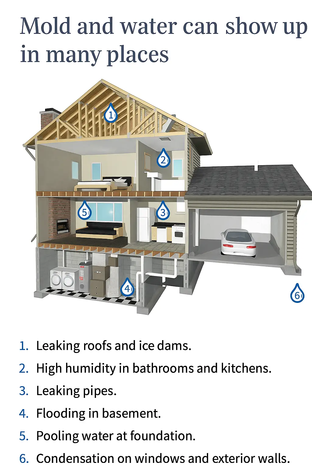 3d_home Cutaway illustration of a two-story house showing common moisture problem areas: roof, bathroom, pipes, basement, foundation, and windows.