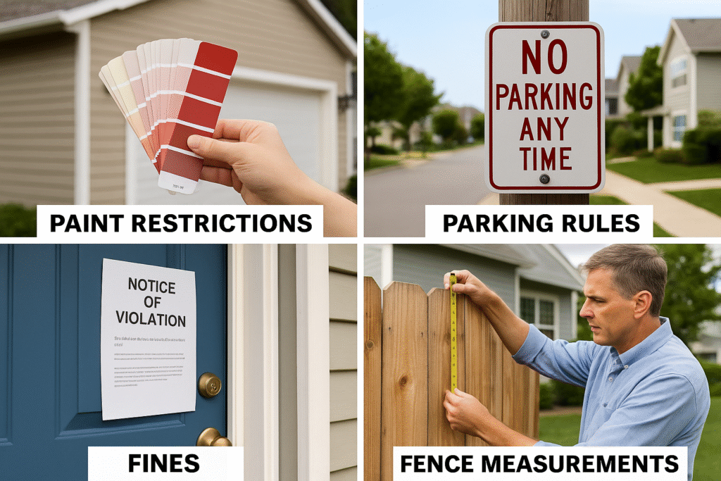 causes_of_hoa_disputes Visual examples of common HOA disputes including paint color restrictions, parking violations, HOA fines, and fence height measurements.