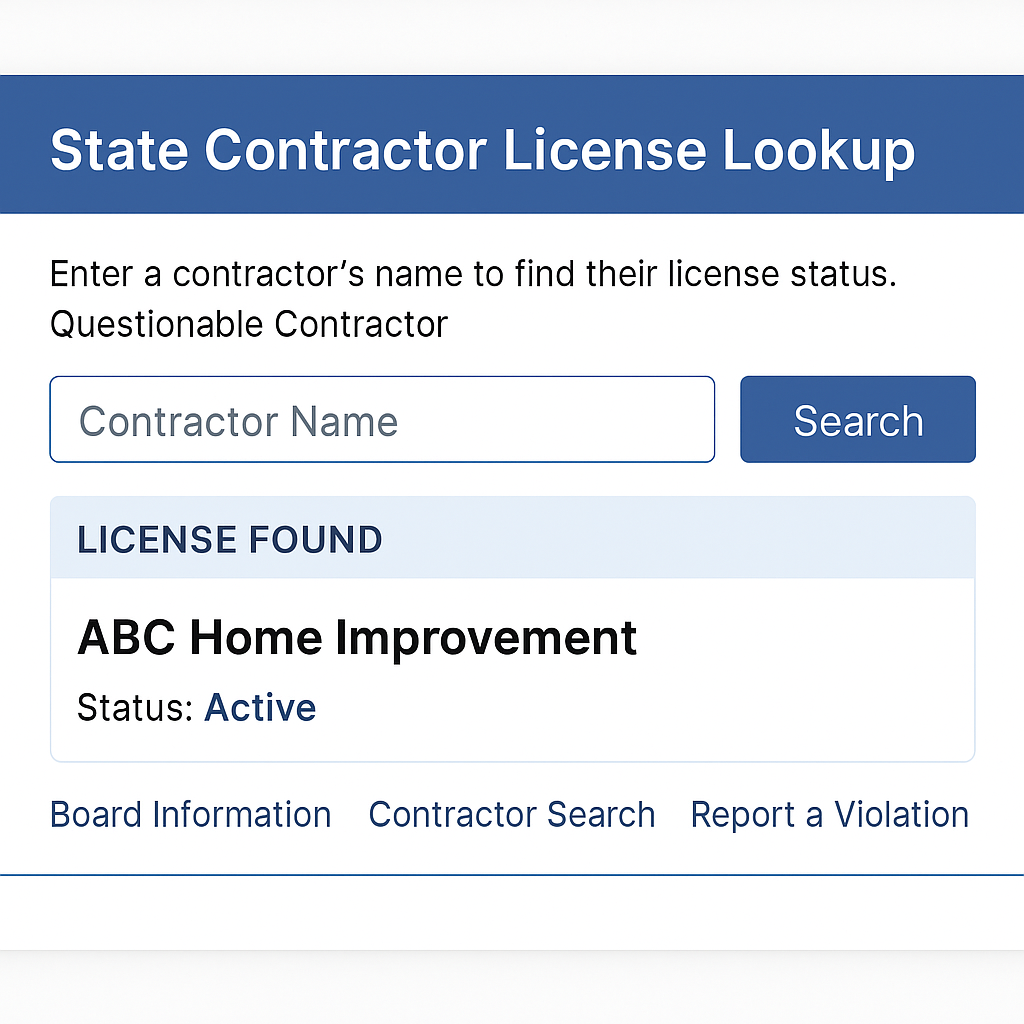 Example of a state contractor license lookup page showing an active contractor license.