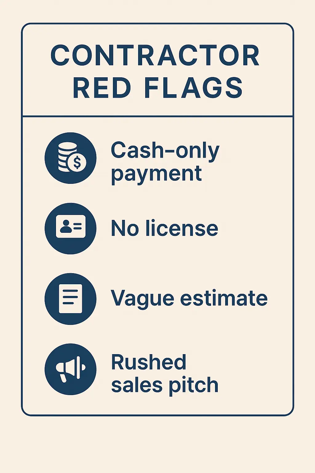 Visual checklist of red flags when hiring a contractor, including lack of license and cash-only payment.