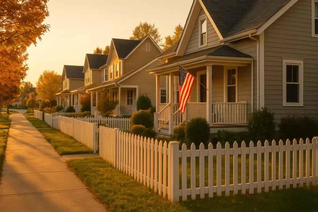 A peaceful American neighborhood representing the dream of homeownership.