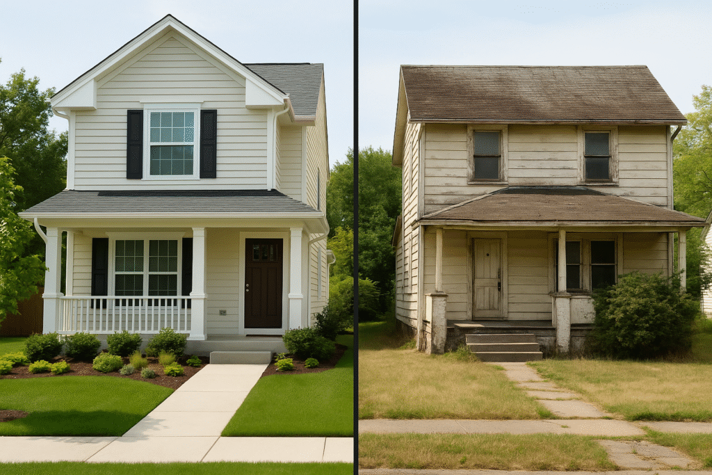 Visual comparison of two homes showing condition impact on assessed value.