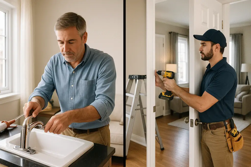 Homeowner doing DIY repair alongside contractor working on professional task in a bright home interior.