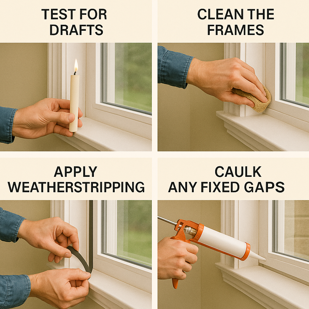 Step-by-step image of how to repair a drafty window.