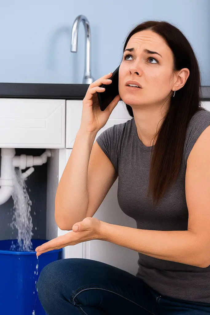 Worried woman on phone next to kitchen sink leak with water pouring into bucket during DIY plumbing emergency.
