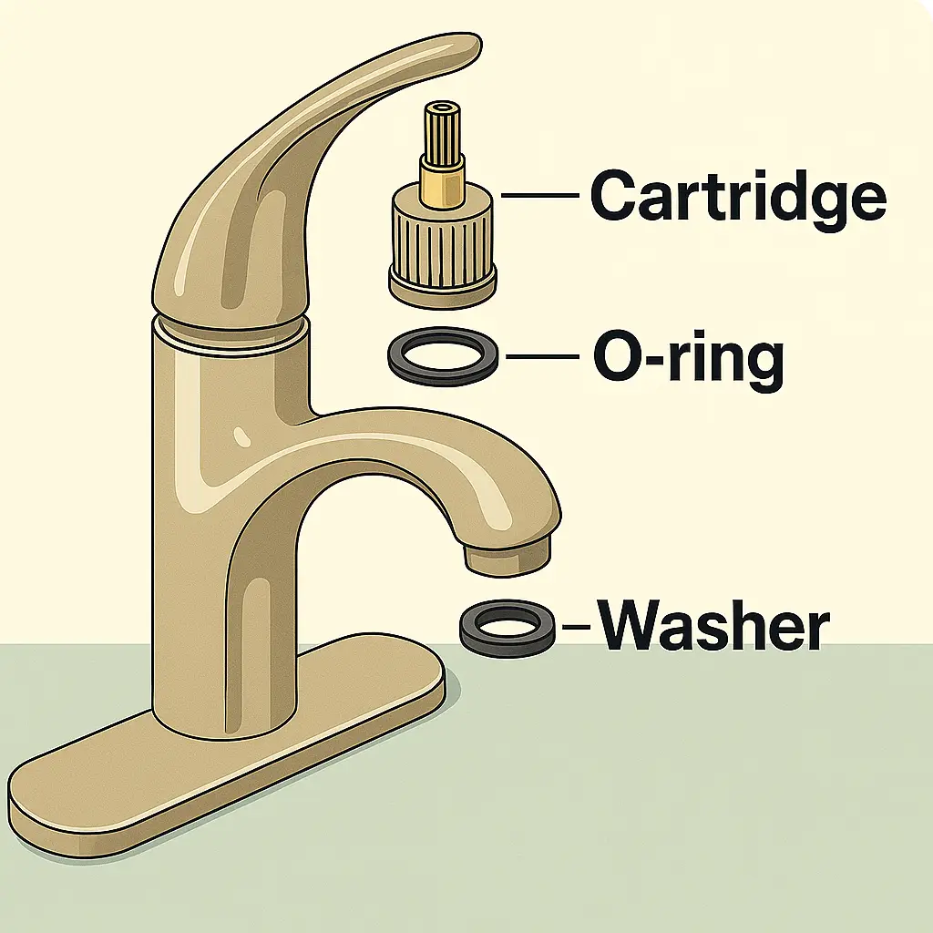 Exploded view of a standard faucet showing replaceable parts.