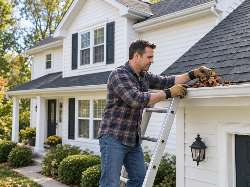 Homeowner standing on a ladder clearing leaves from the gutter of a well-maintained suburban house during spring or fall seasonal maintenance.