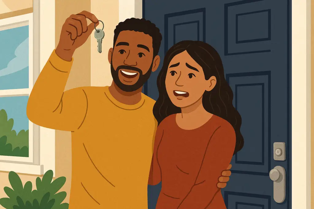 New homeowners holding keys for the first time outside their new house.