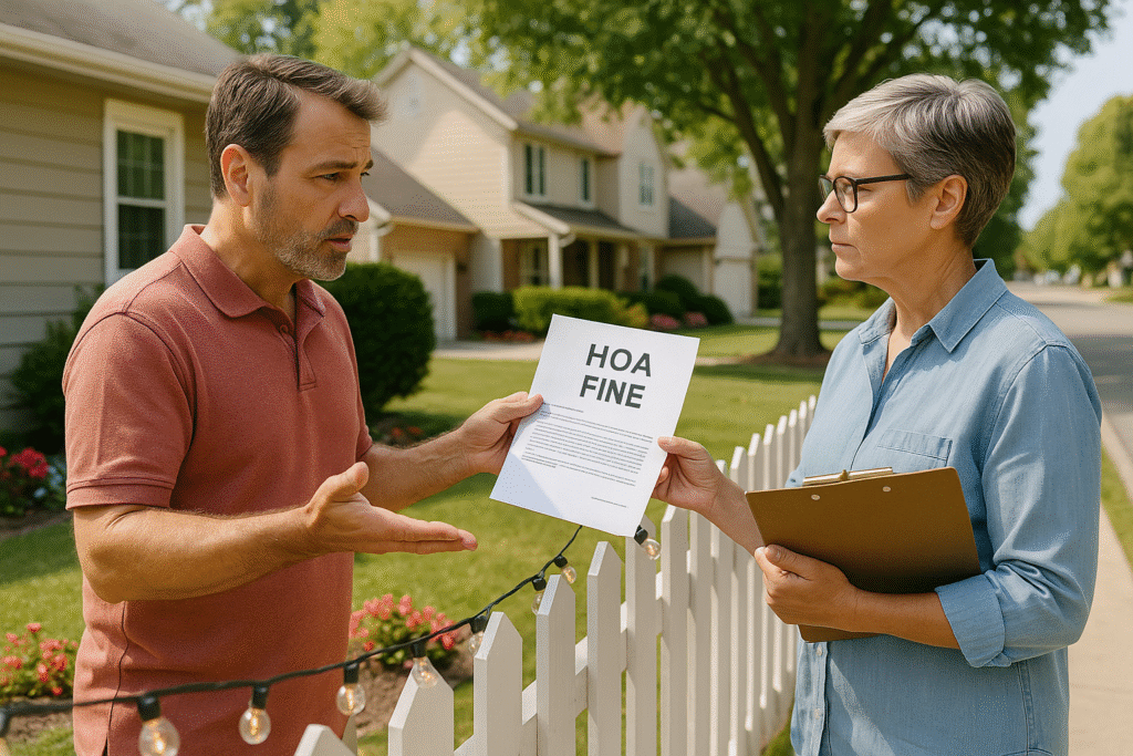 hoa_fine Homeowner disputing HOA fine with neighbor or board member in front of suburban home.