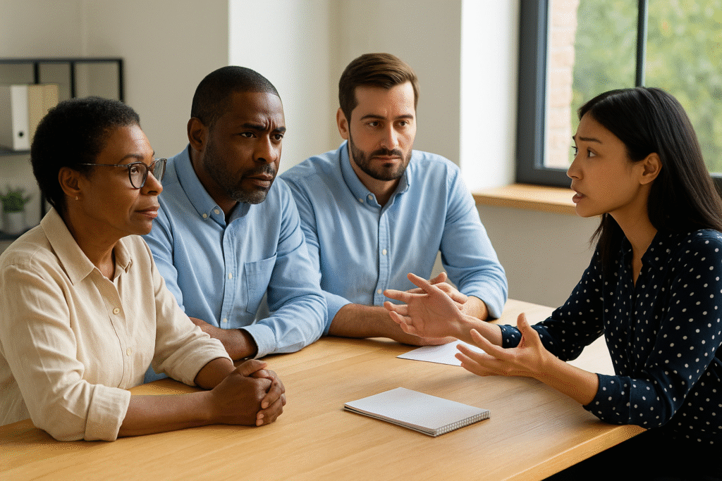 hoa_mediation Diverse group of individuals in a mediation session between homeowner and HOA board in a neutral office setting.