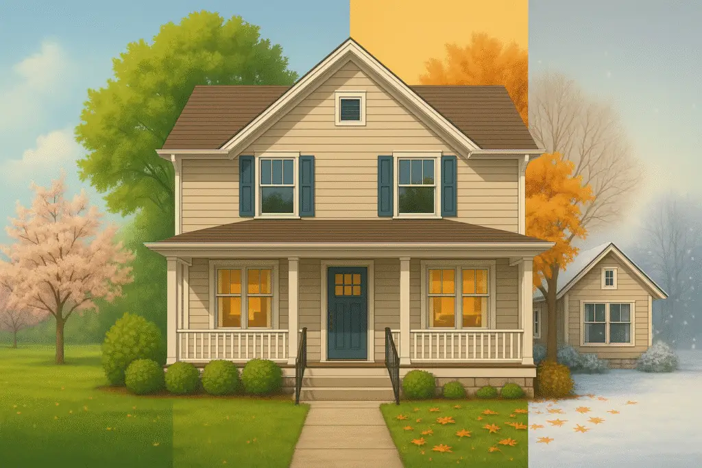 A modern home with seasonal energy efficiency upgrades shown across spring, summer, fall, and winter.