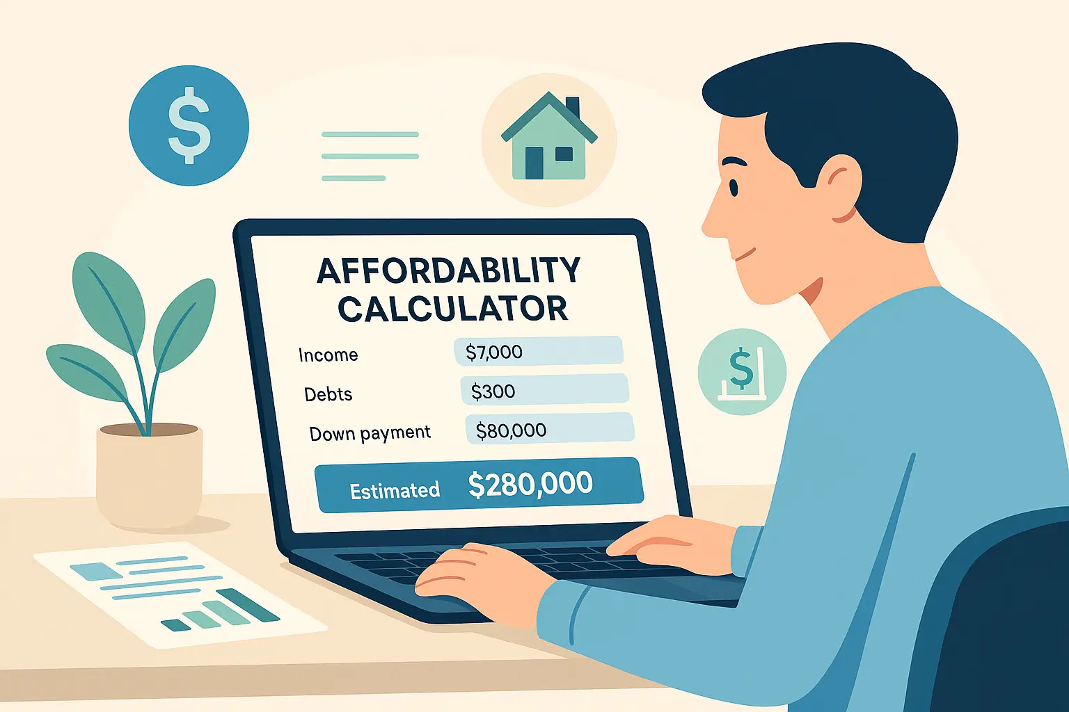 Illustration of a person using a laptop to calculate home affordability, with icons representing income, housing costs, and monthly budget