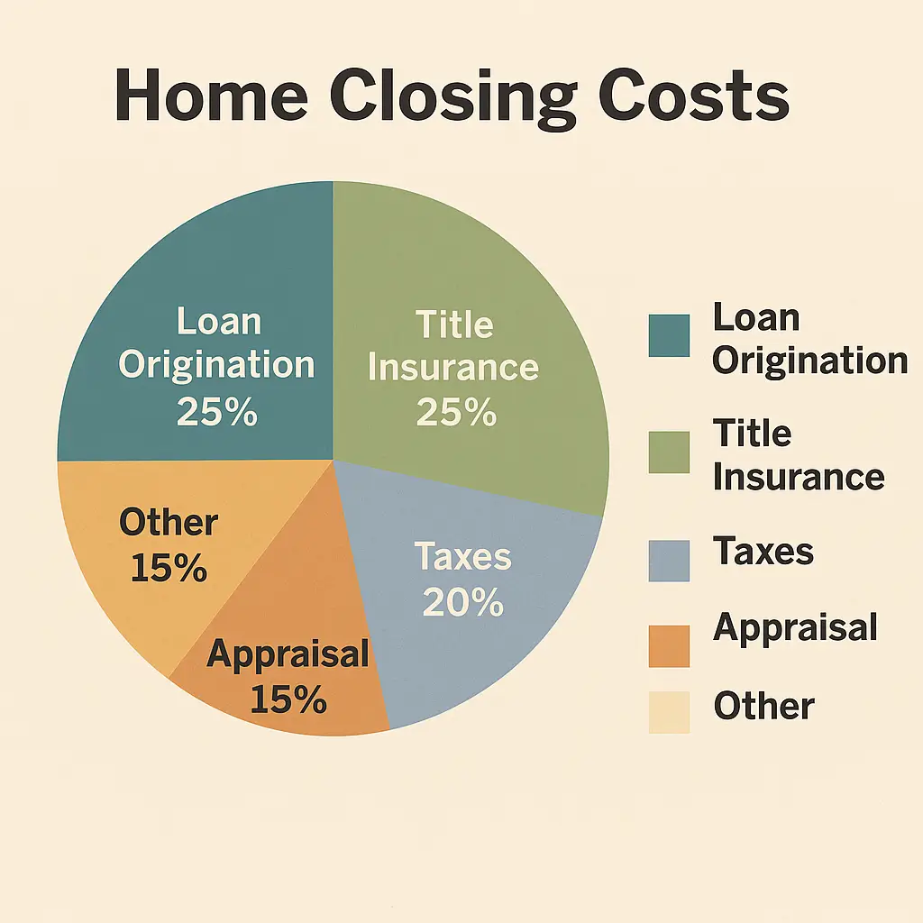 home_closing_costs Pie chart showing components of home closing costs including taxes and title fees.