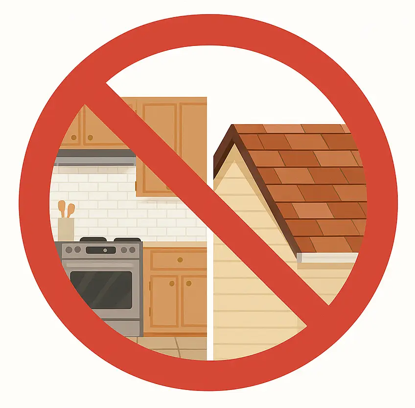 Illustration showing kitchen renovation and new roof labeled as not immediately tax-deductible home improvements.