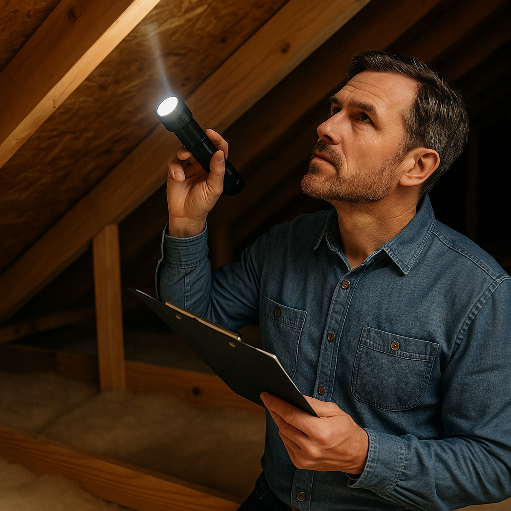 home_inspector Certified home inspector checking insulation in an attic space.
