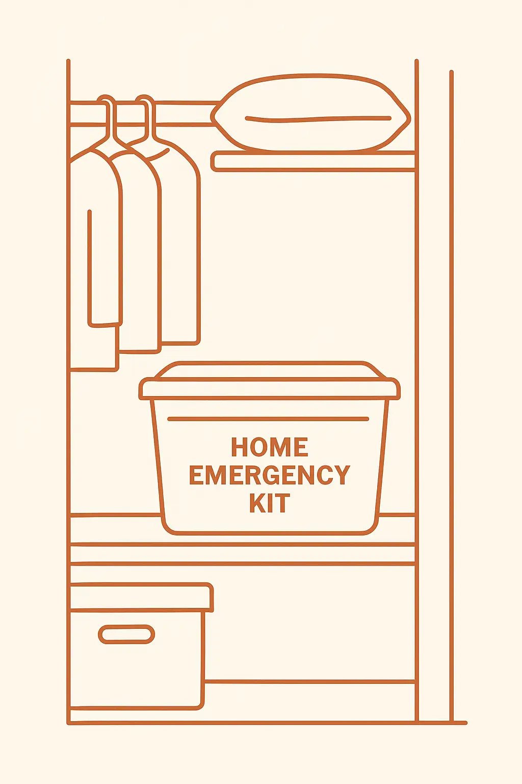 home_kit_storgage Line-style illustration of a home emergency kit bin stored neatly on a shelf in a hall closet or garage.