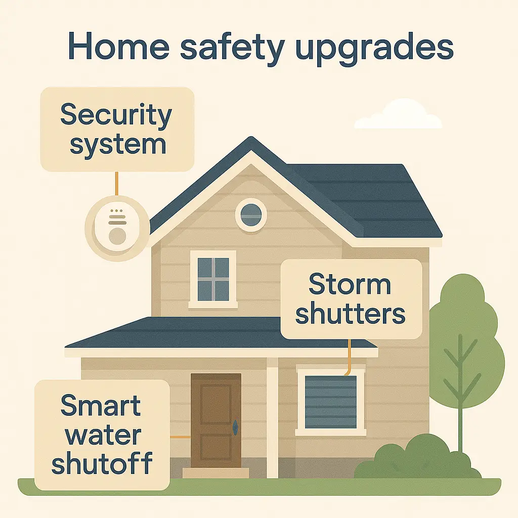 home_safety_upgrades Illustration of home safety upgrades that reduce insurance premiums.