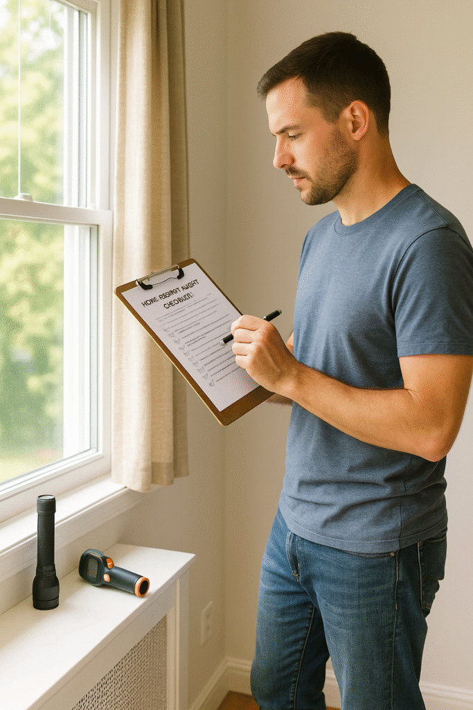 Homeowner checking energy audit checklist near window and outlet.