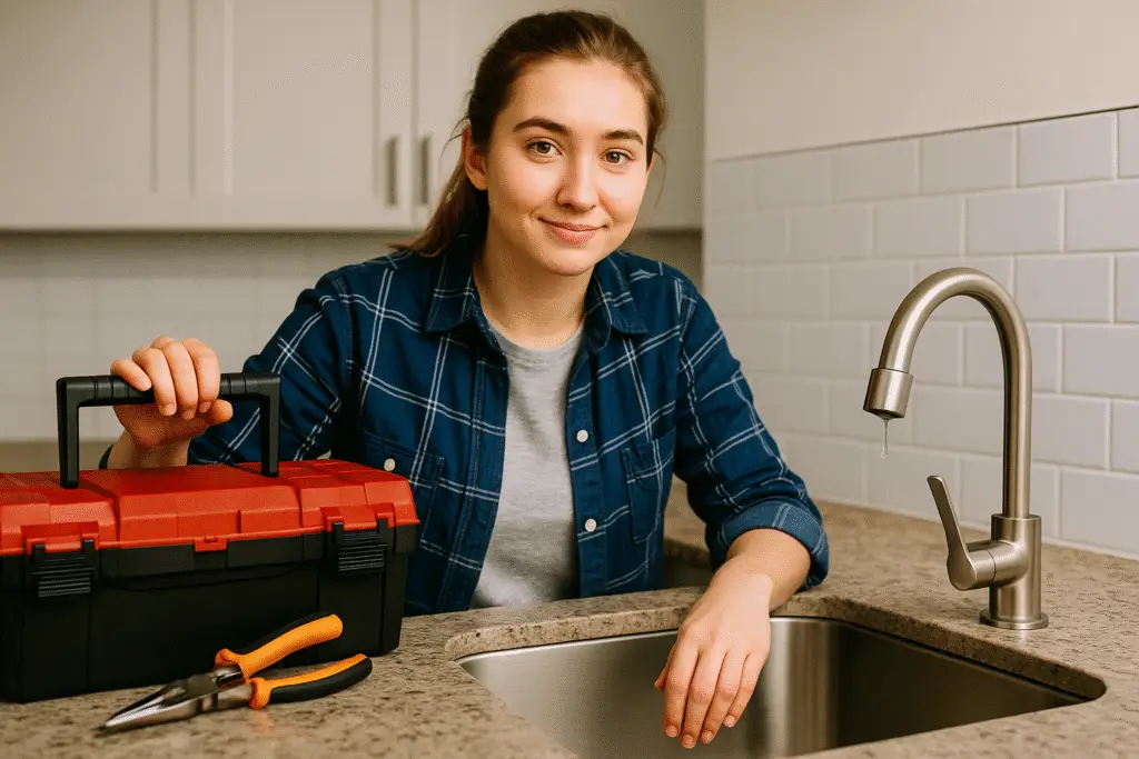 Homeowner preparing to repair a leaky kitchen faucet with basic tools.
