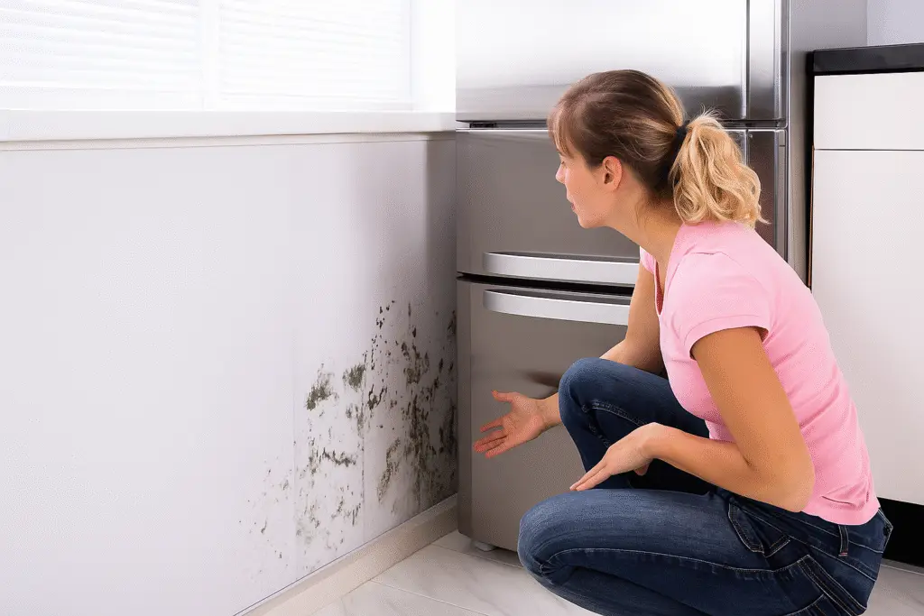 Woman inspecting mold growing on interior kitchen wall near refrigerator — early signs of home moisture problems.