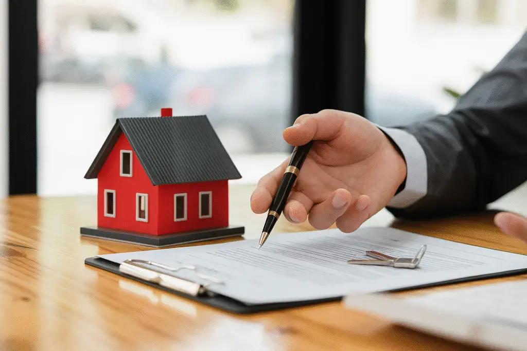 Business professional discussing homeowner documents with a red model house on a desk, symbolizing property rights and legal homeownership issues.