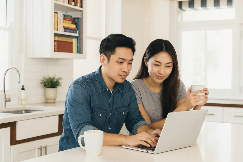 Young Asian couple comparing home insurance options on a laptop in a bright, modern kitchen