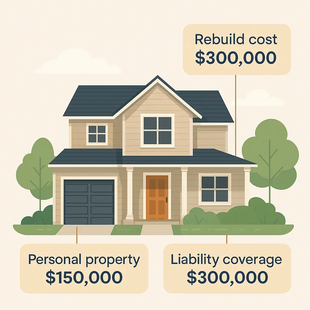 how_much_insurance_infographic Infographic of home with insurance coverage amounts labeled.