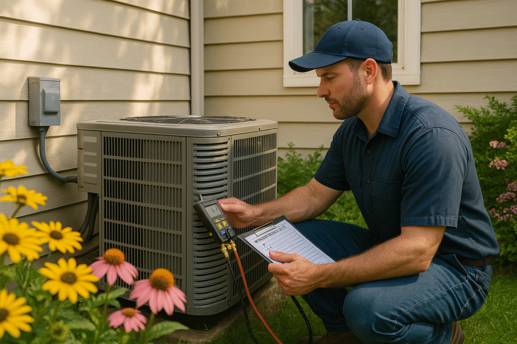 Technician performing spring HVAC maintenance on outdoor unit near a blooming garden.