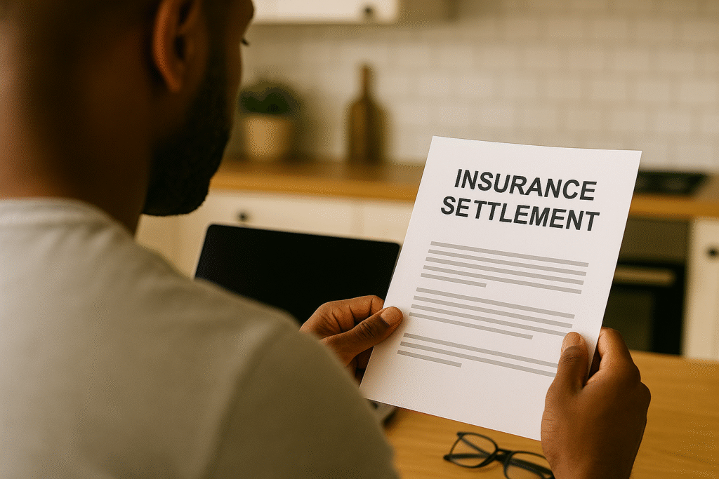 Image of a homeowner reviewing a home insurance claim settlement document.