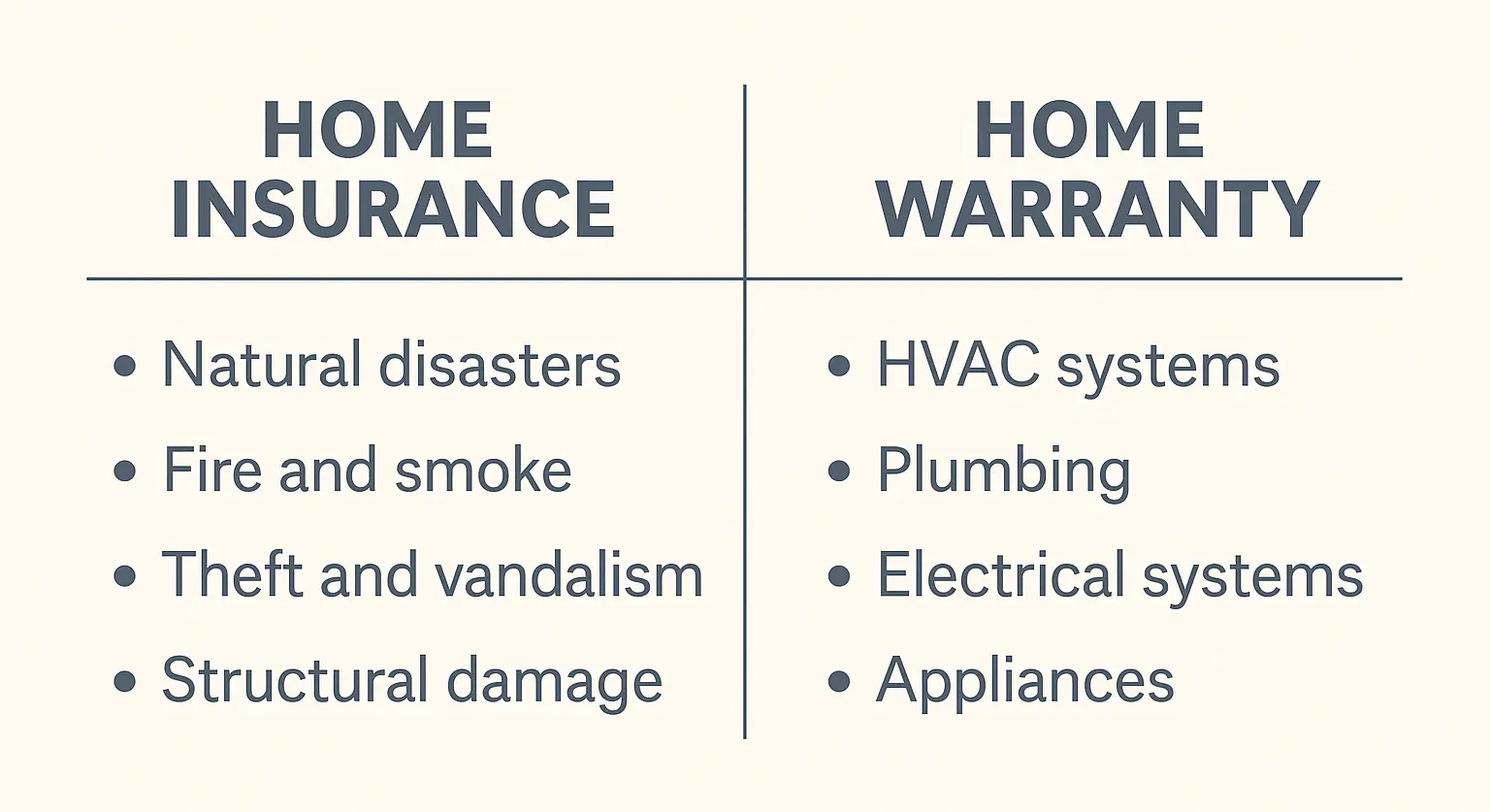 insurance_vs_warranty 'Chart comparing coverage of home insurance and home warranty.