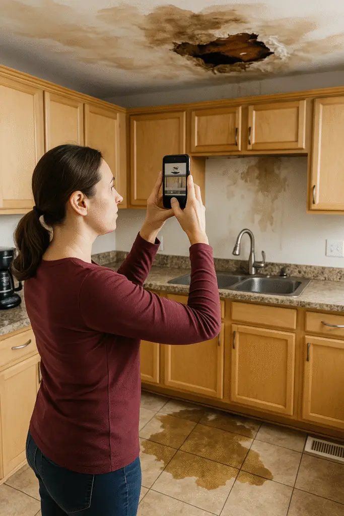 A homeowner documenting kitchen damage with photos on a mobile phone for her insurance claim.