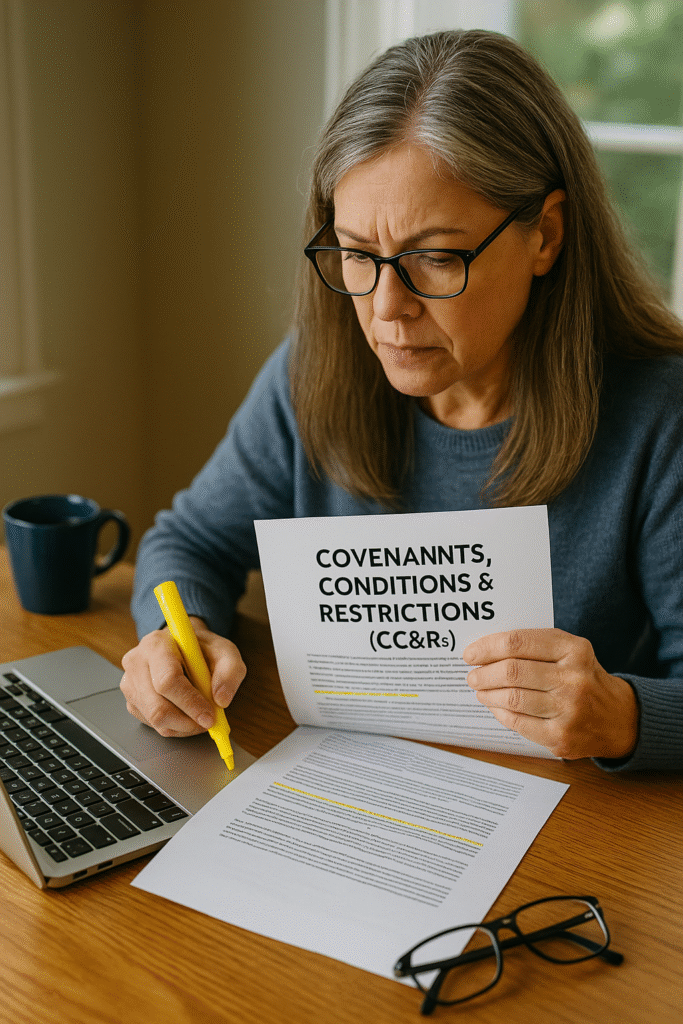 know_your_hoa_rules Middle-aged homeowner reviewing HOA documents and CC&Rs at a kitchen table with a laptop and coffee.