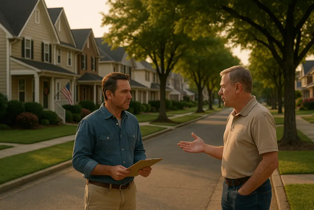 Neighbors discussing HOA concerns in a quiet suburban neighborhood at sunset.