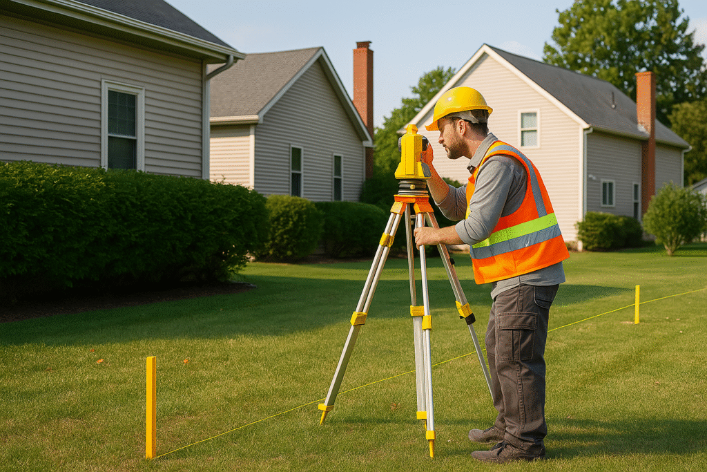 property_survey Land surveyor marking backyard boundary between two suburban homes.