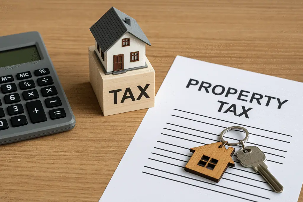 Property tax document with a calculator on a desk.