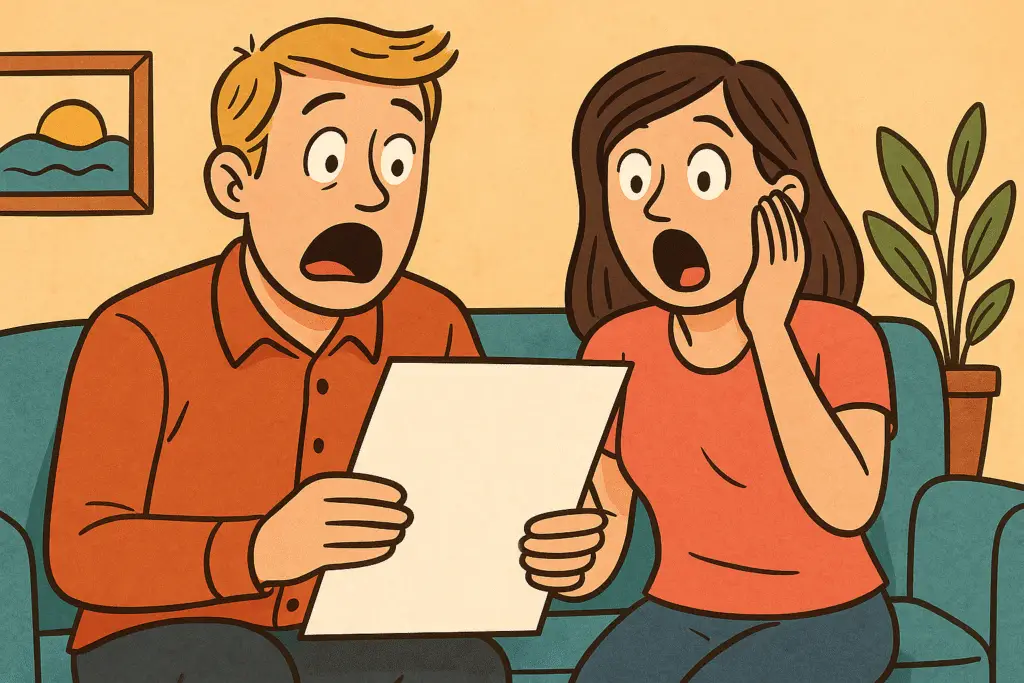 Shocked homeowners reading their property tax bill in their living room.