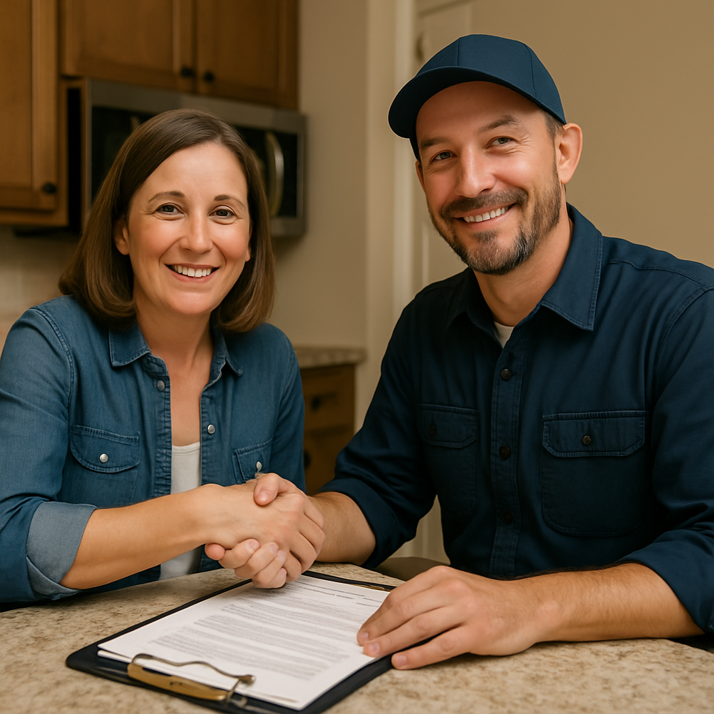 Homeowner and contractor signing a written agreement to confirm project terms.