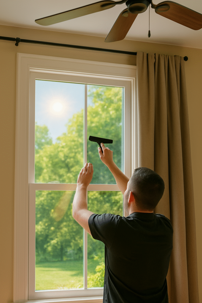 Home with solar film, ceiling fan, and thermal curtains for summer energy efficiency.