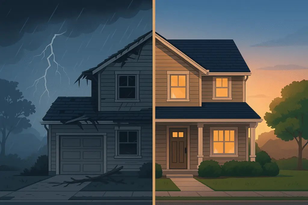 'Illustration showing storm-damaged home versus insured rebuilt home.