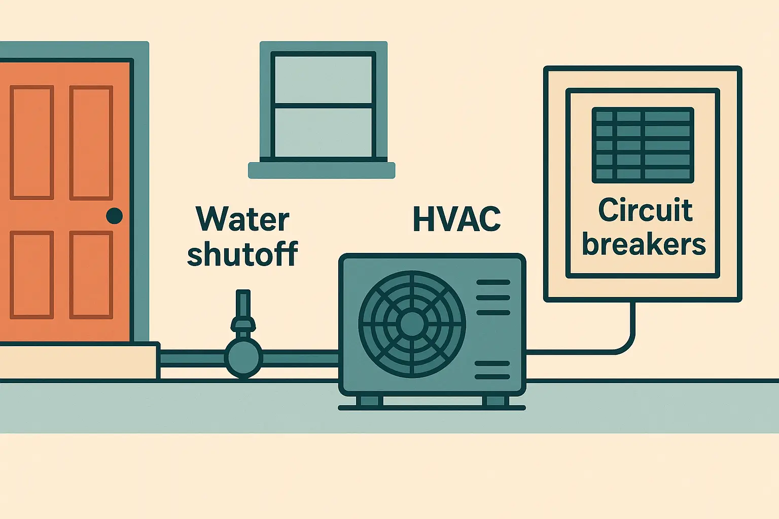 Diagram of home systems with labels for water shutoff, circuit breakers, and HVAC.