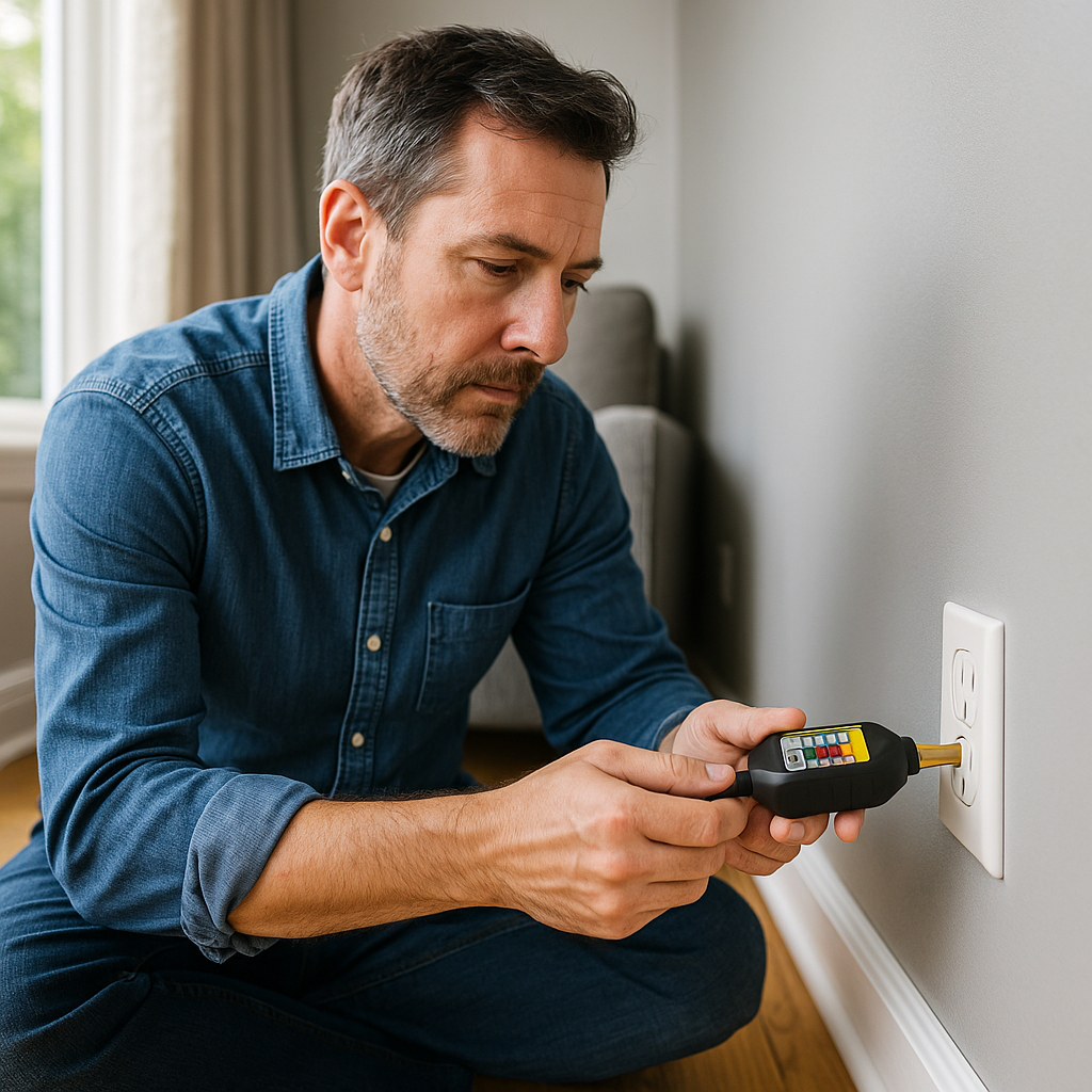 Homeowner testing a wall outlet with a voltage detector as part of a spring seasonal home maintenance checklist