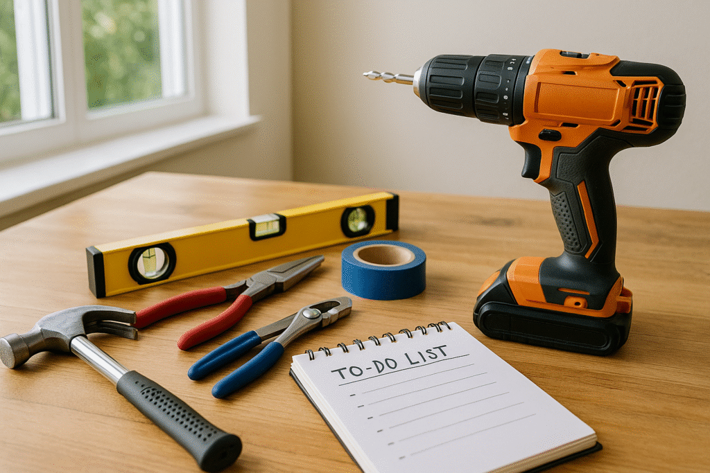 DIY home repair tools laid out on a wooden workbench.