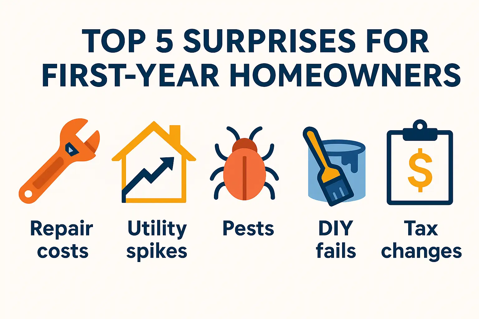 Infographic: Common first-year surprises like repair costs, utility spikes, pests, DIY fails, and tax changes.