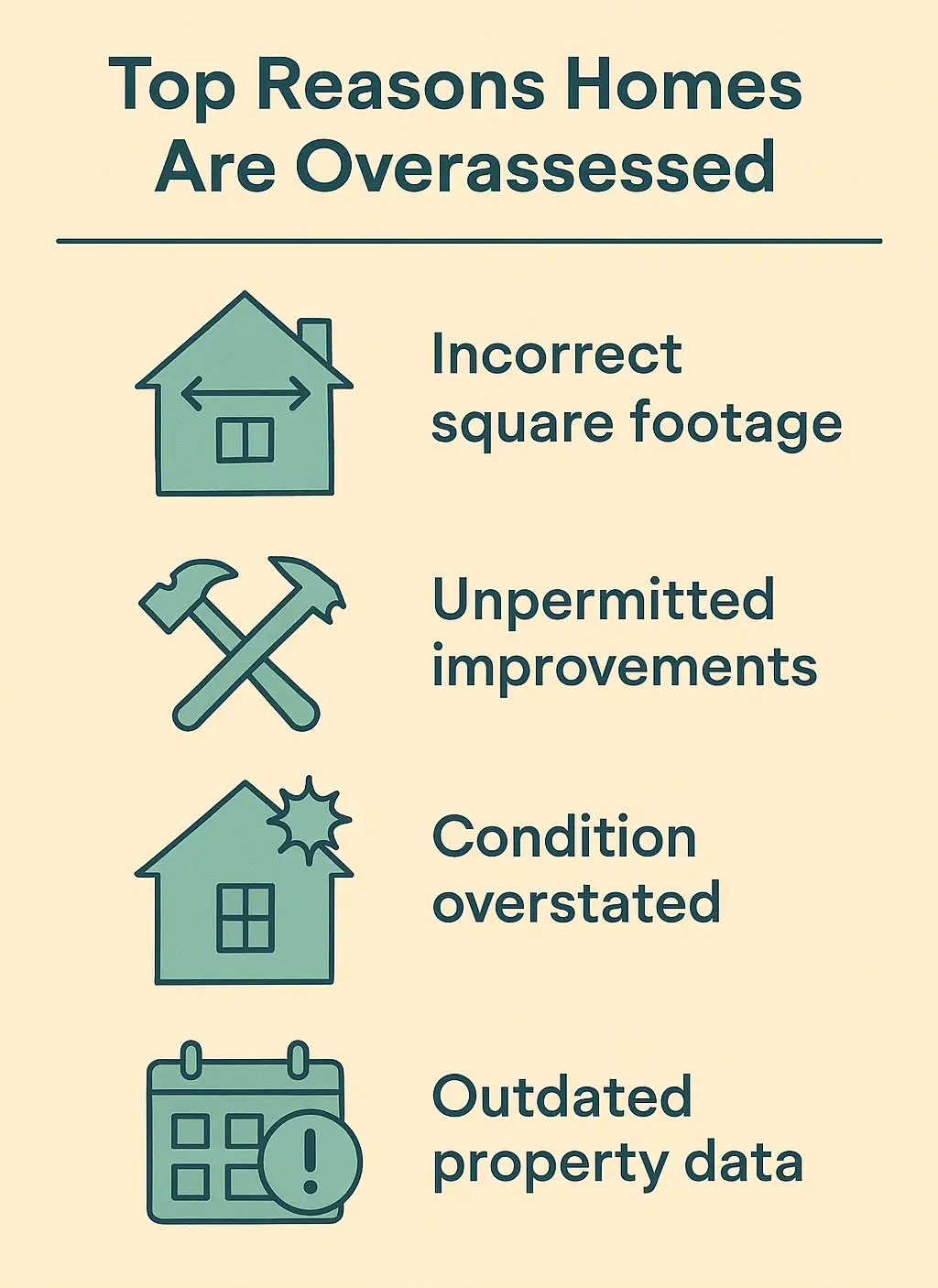 Infographic listing common reasons for property overassessment like incorrect square footage and outdated comps.