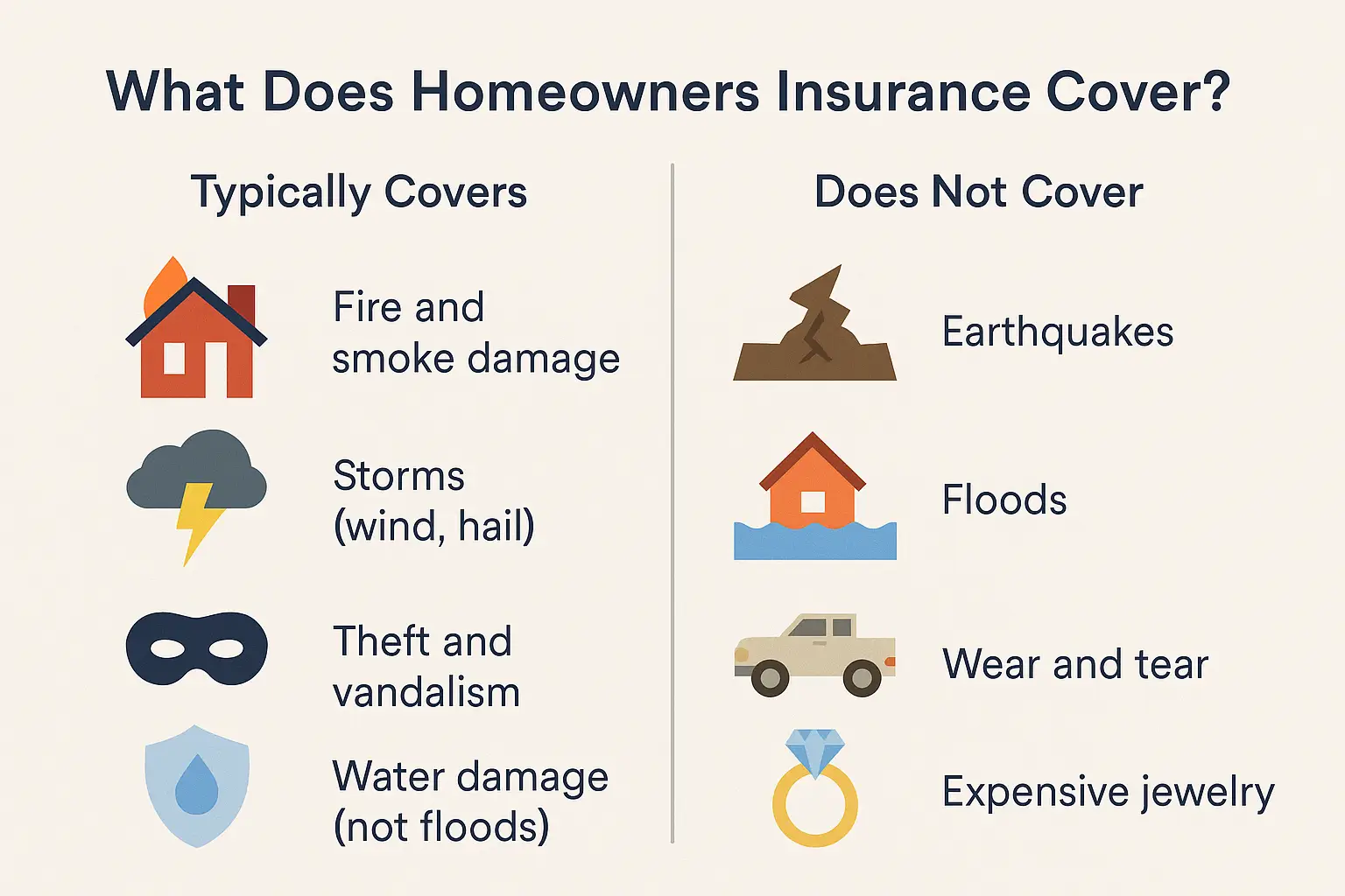 what_homeowners_covers Infographic comparing what is and isn't covered under standard homeowners insurance, including fire, theft, and storm damage versus floods and maintenance.