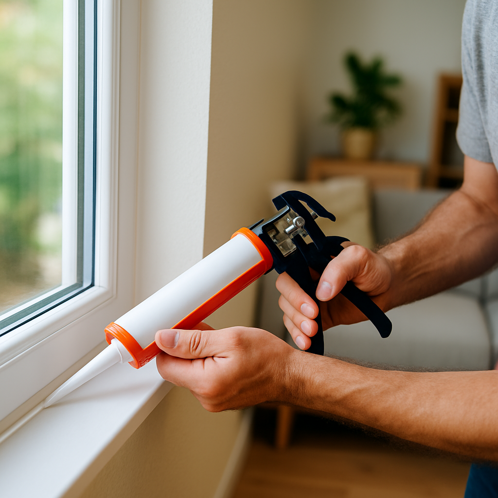 Homeowner applying caulk around window for energy efficiency DIY project.