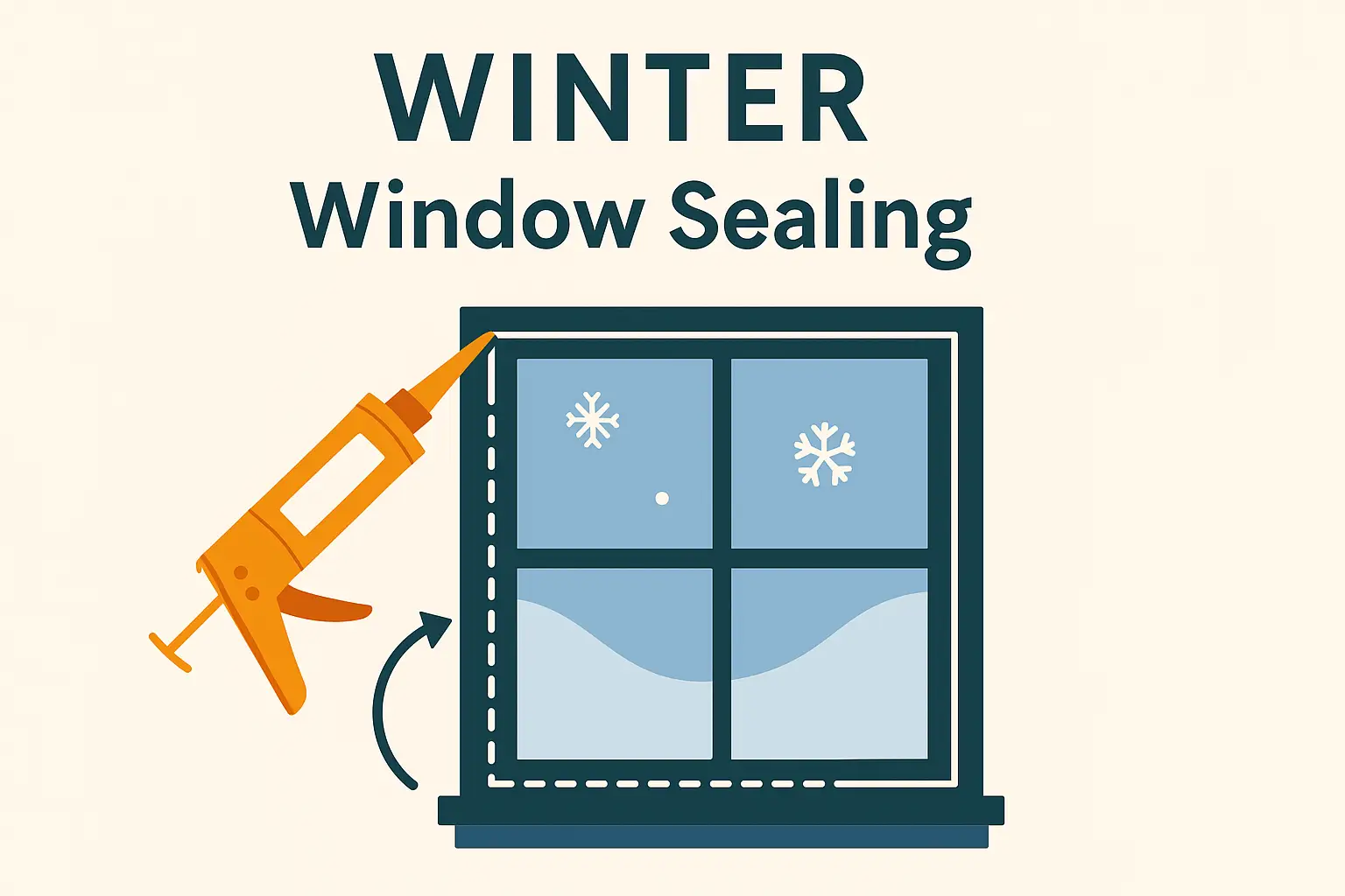 Illustration showing winter window sealing with a caulk gun to improve energy efficiency and reduce drafts
