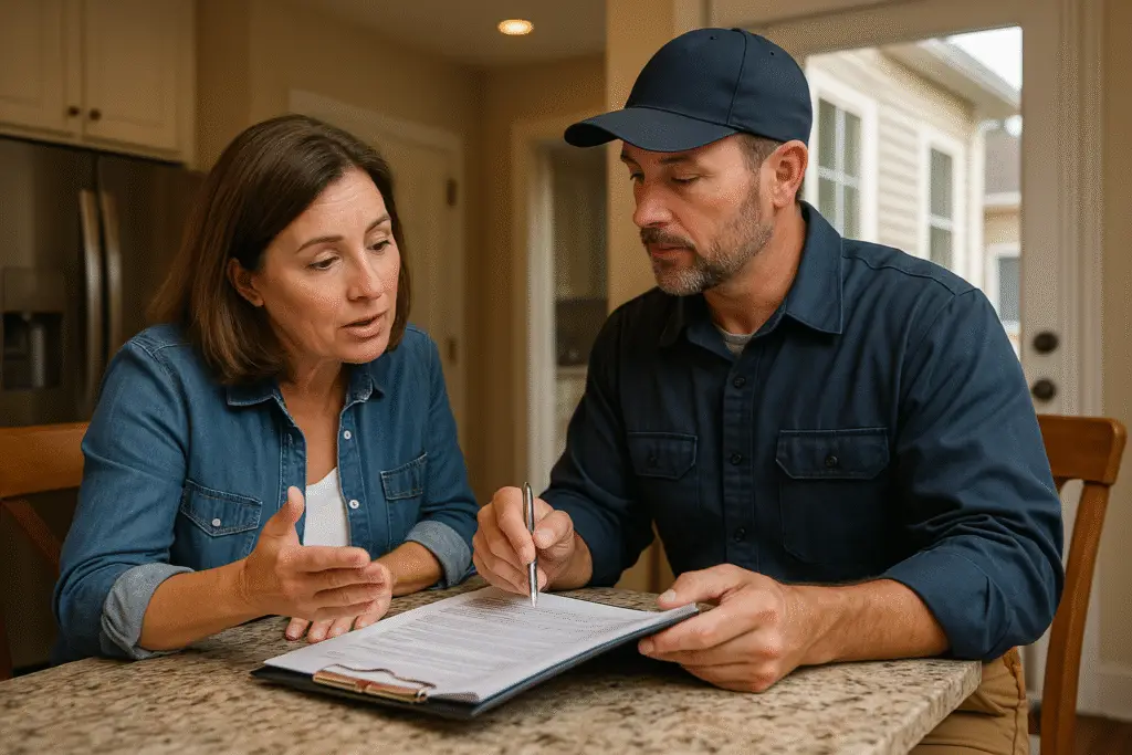 Homeowner reviewing a contract with a licensed contractor in a residential setting — smart hiring decision moment.