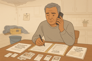 Older homeowner at kitchen table on phone documenting a homeowners insurance claim.