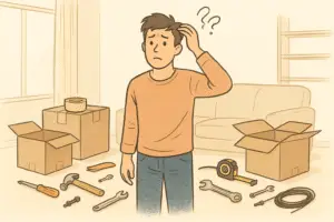 New homeowner surrounded by unpacked boxes and tools, unsure where to start.